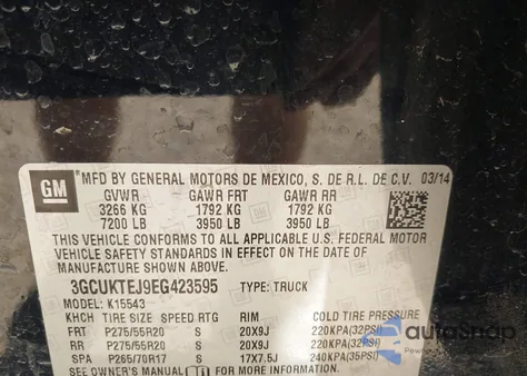 2014 Chevrolet Silverado 1500 High Country z USA, uszkodzony, nr VIN 3GCUKTEJ9EG423595